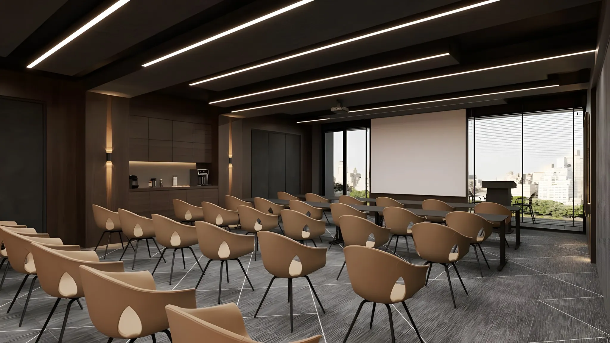 Konferans salonunun 3D tasarımı: çizgisel LED tavan, koyu ahşap duvarlar ve sıra koltuklar