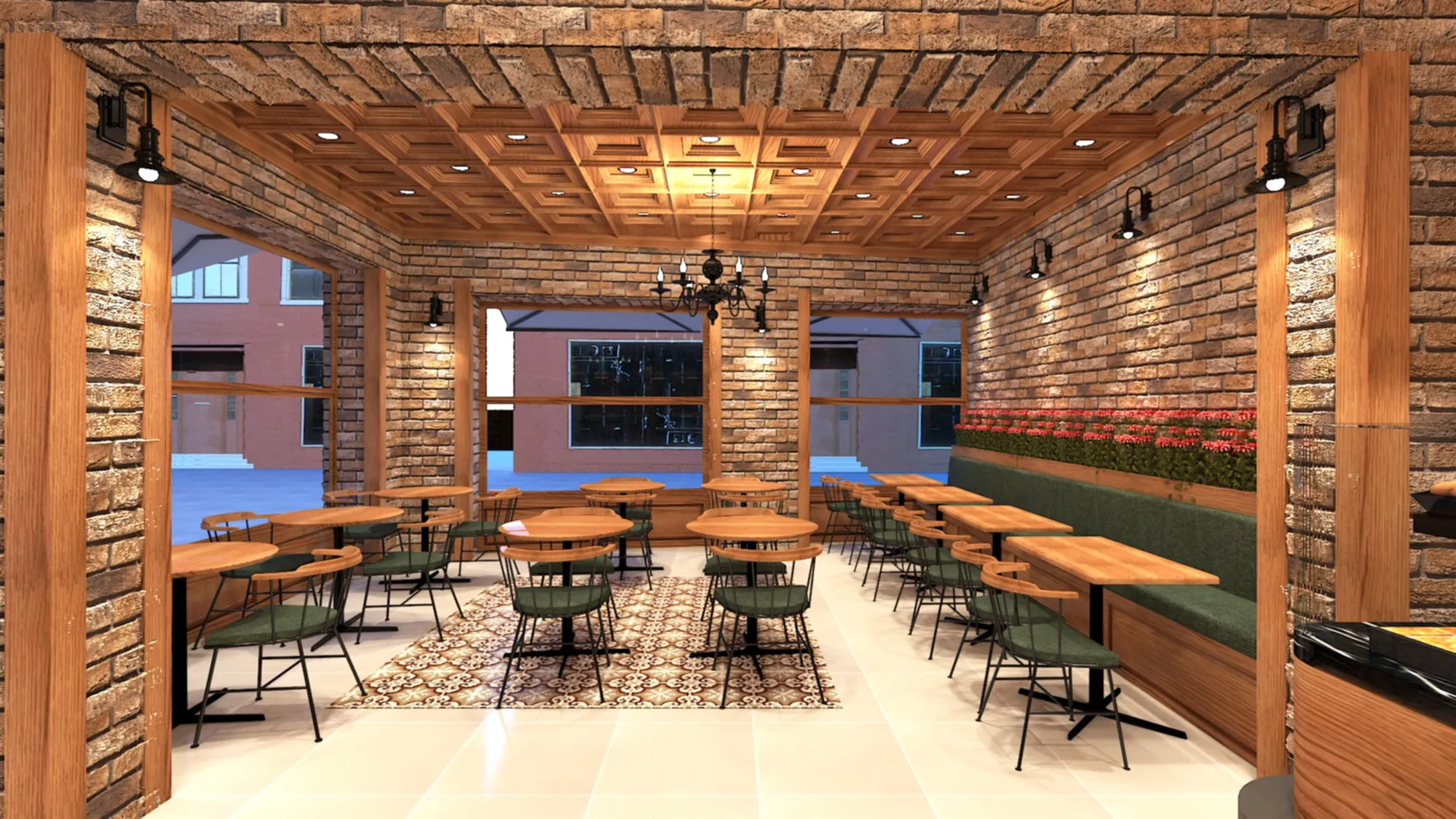Banket oturmalar ve yuvarlak masalarla vitrine uzanan salon aksı