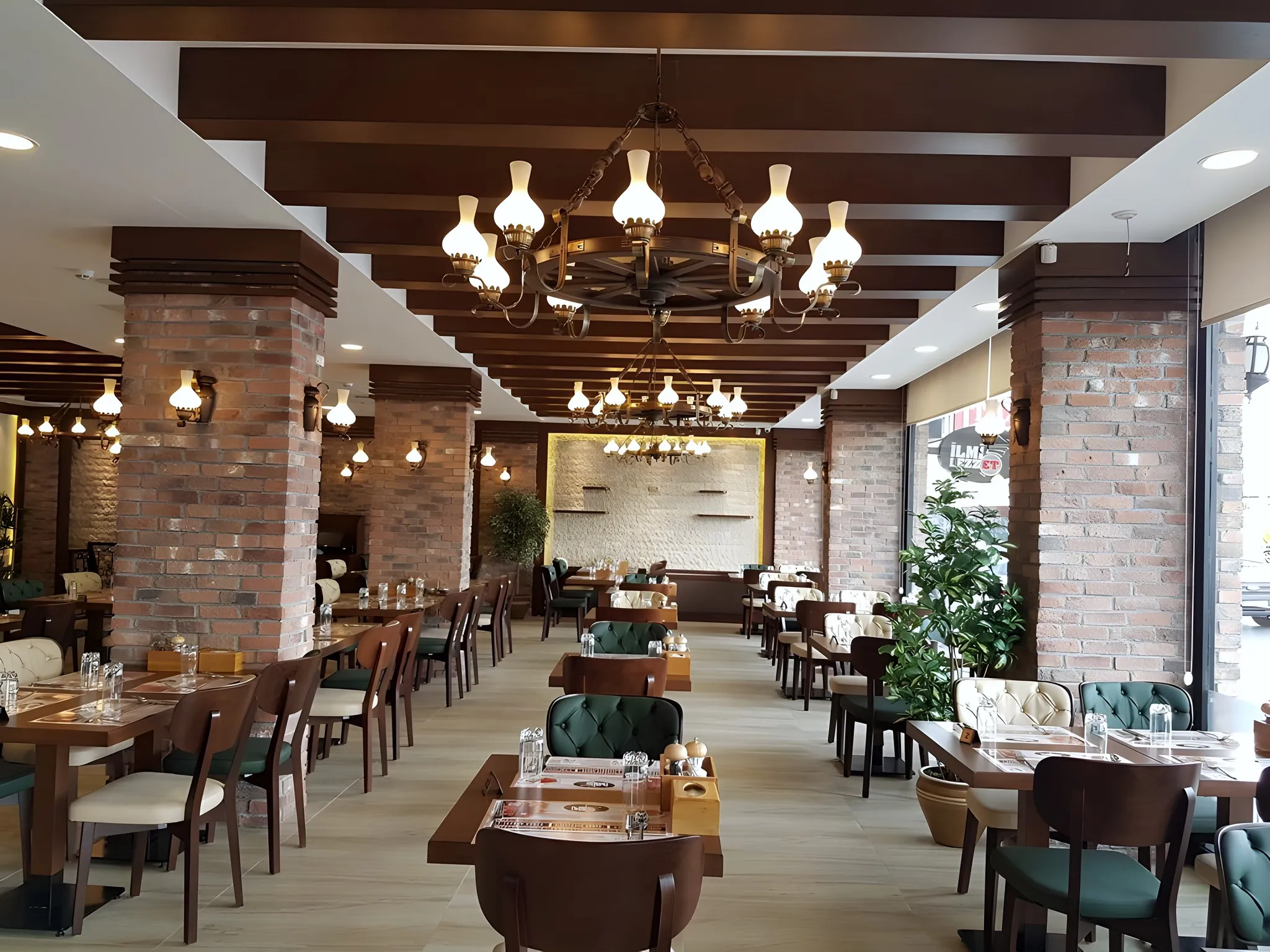 Ahşap kirişli tavan, avizeler ve tuğla kolonlarla uzanan salon