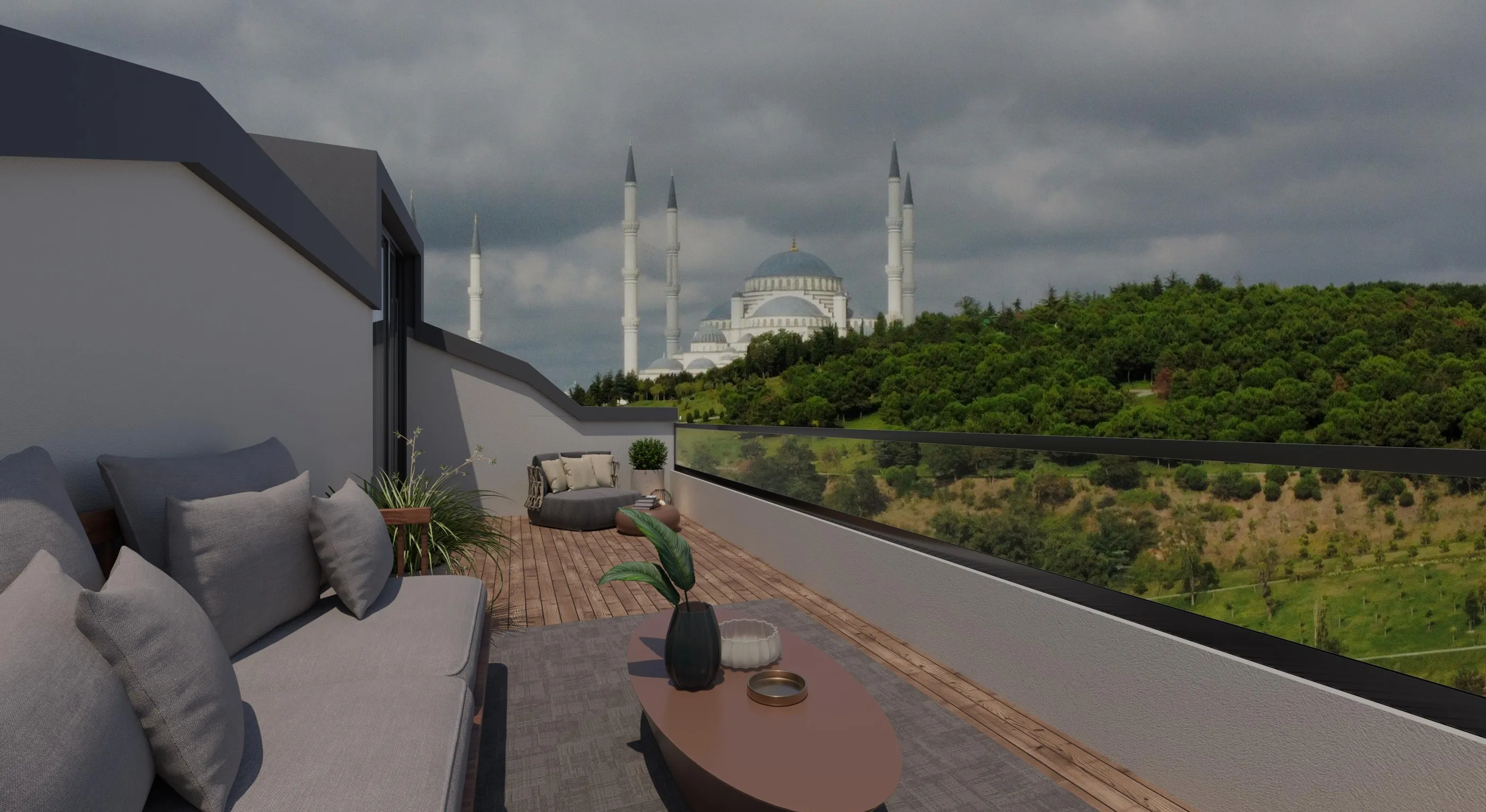 Çamlıca Camii manzaralı çatı terası: ahşap deck, minderli oturma alanı ve yeşil yamaç