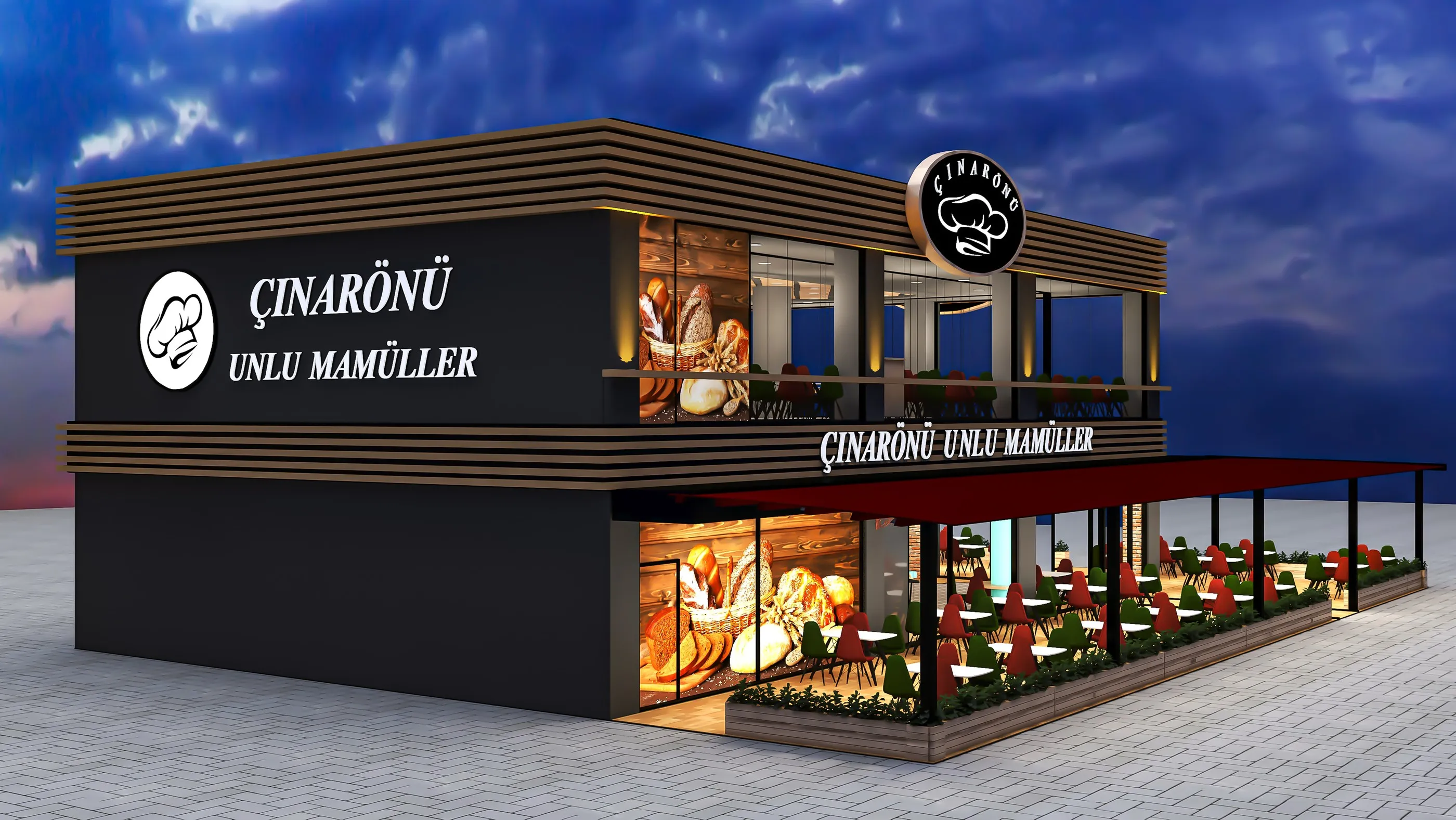 Siyah kaplamalı yan cephe, logo panosu ve ışıklı vitrin camları
