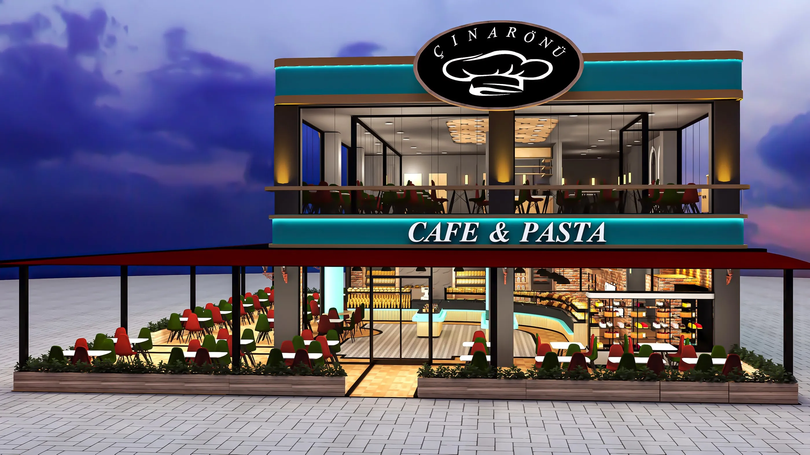 Turkuaz bantlı alternatif ön cephe, kafe teras alanı ve vitrin