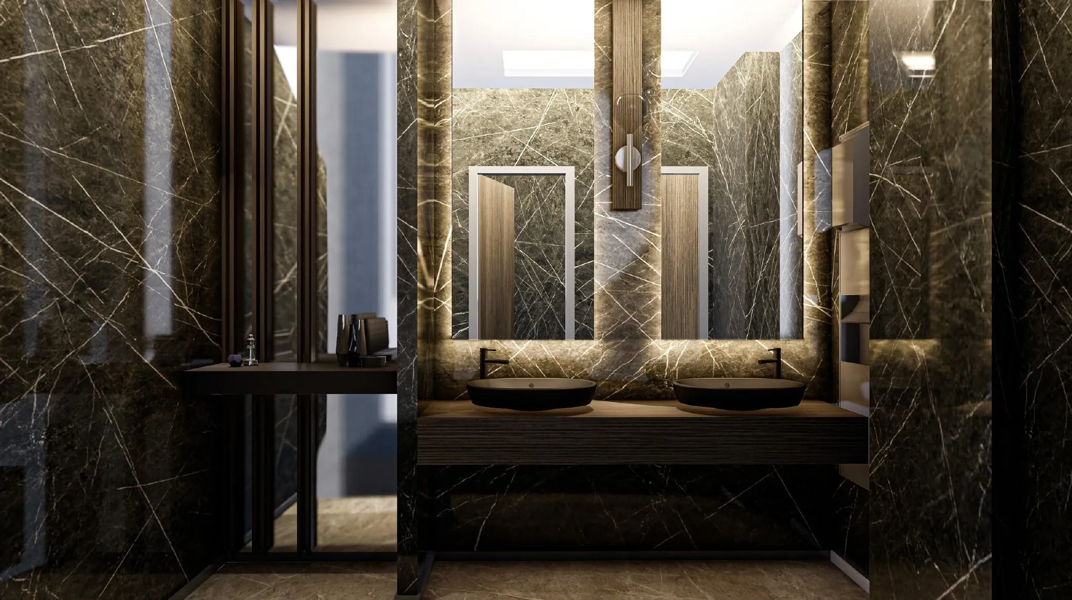 Koyu damarlı mermer kaplamalı, aydınlatmalı aynalı lavabo alanının 3D tasarımı