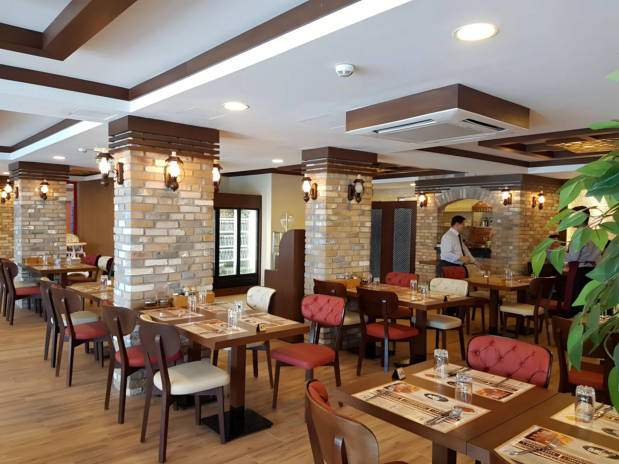 Tuğla kolonlar arasında kırmızı döşemeli sandalyeler ve servis masaları