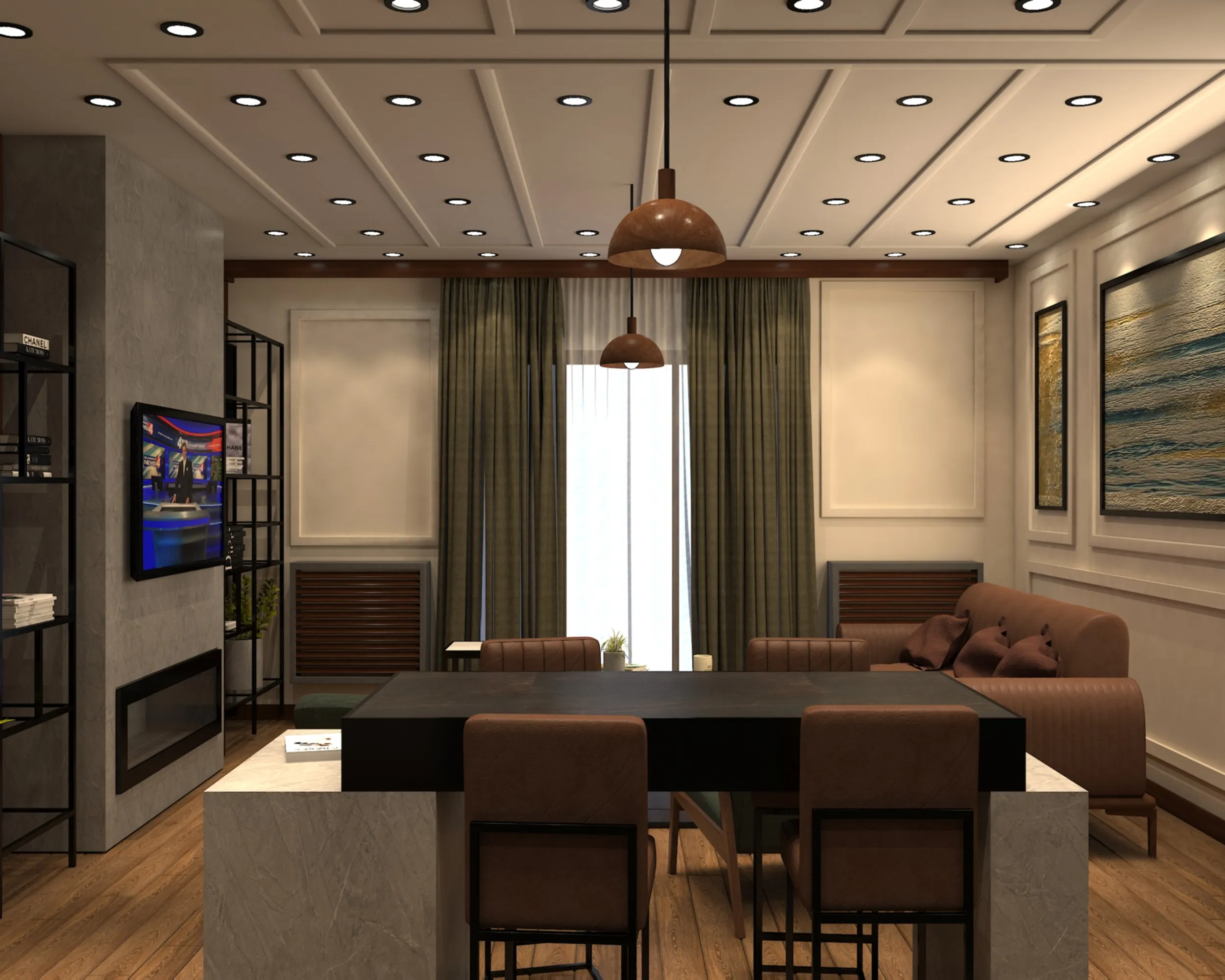 Mermer ayaklı yemek masası, perdeli pencere ve TV duvarı