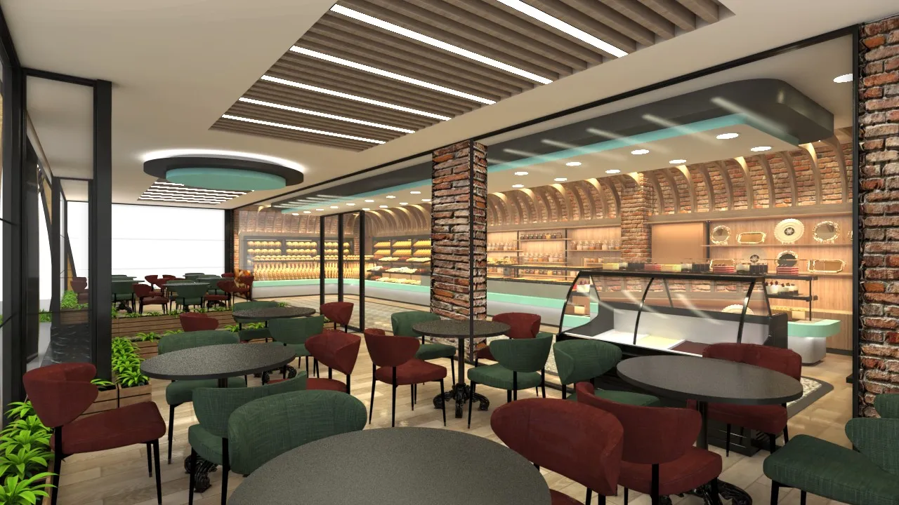 Bordo ve yeşil koltuklu kafe alanı ile lamel tavan