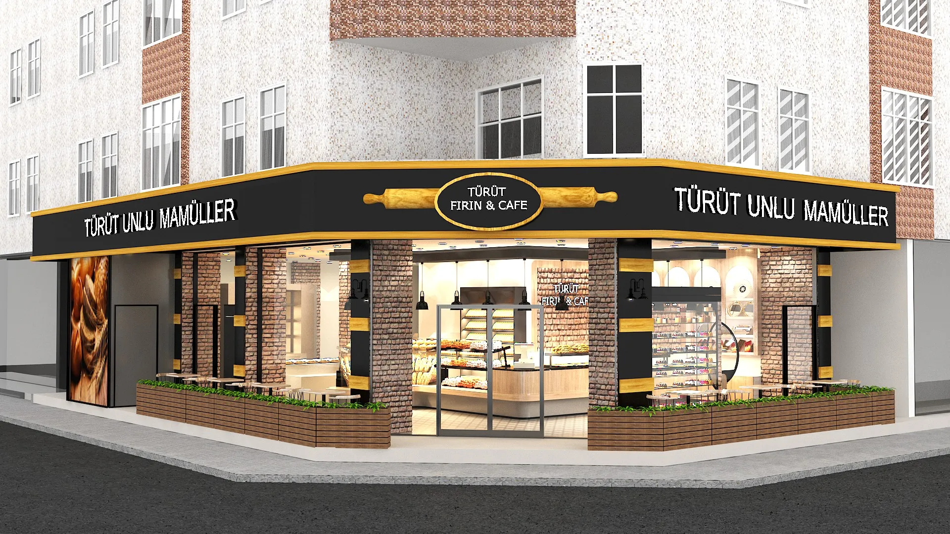 Siyah-sarı tabela bandı ve başak görselli panellerle köşe cephe
