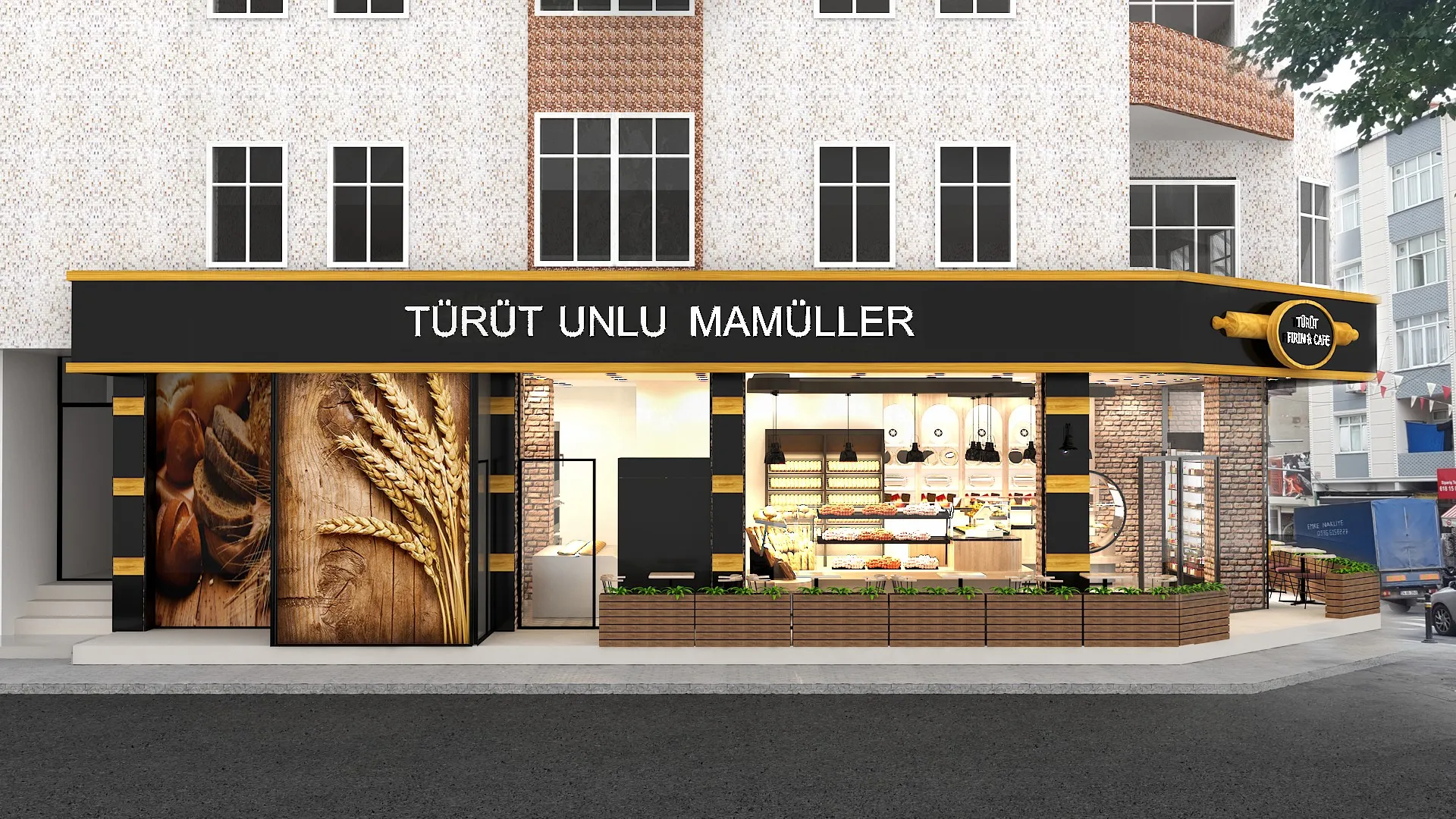 Uzun cephede Türüt Unlu Mamüller tabelası ve saksı sınırı