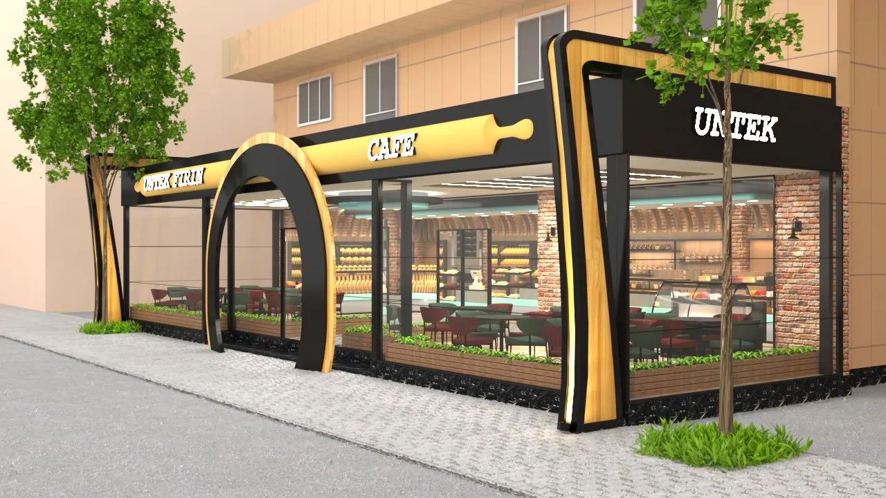 Siyah-altın kemerli giriş ve geniş vitrinli köşe cephe