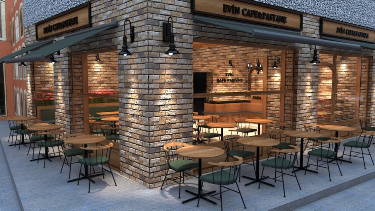 Köşe cephede taş kolon, Evin Cafe & Pastane tabelası ve dış oturma alanı