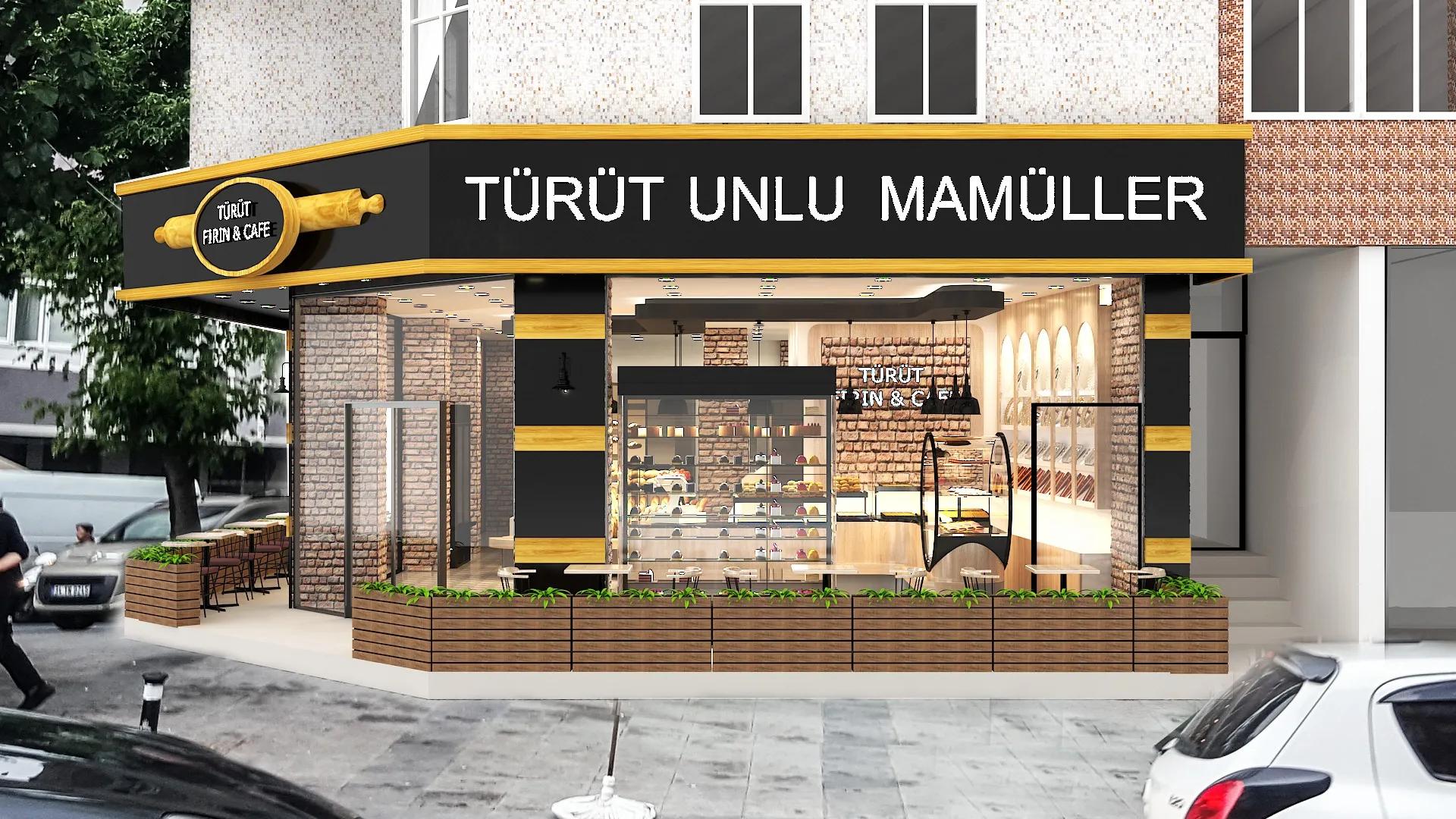 Ön cephe, vitrin camları ve ahşap saksılarla dış oturma sınırı