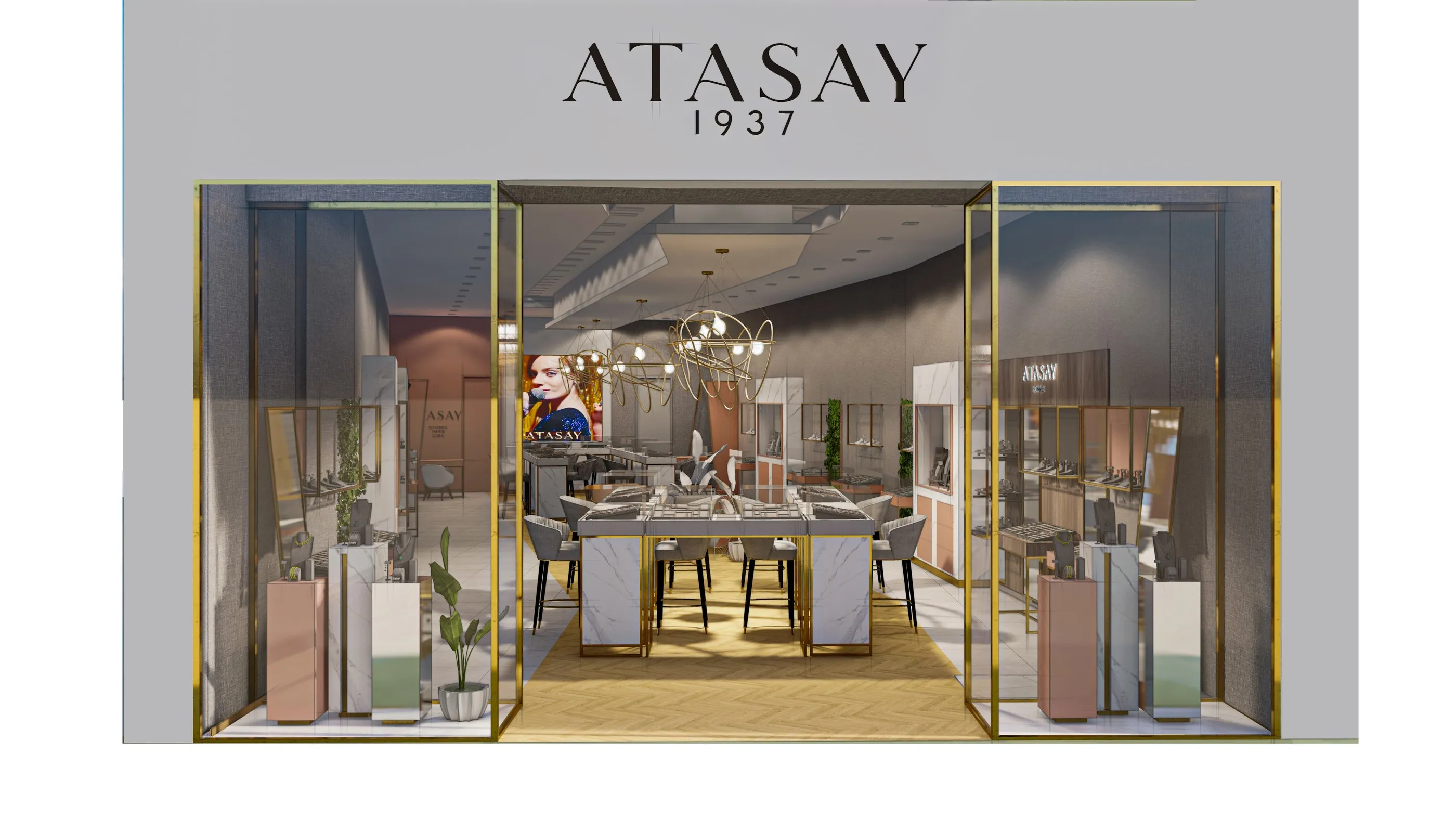 Altın profilli cam vitrinler ve Atasay 1937 logosuyla mağaza girişi