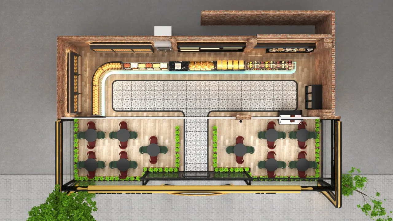 Tezgâh hattı ve kafe oturma düzenini gösteren üstten 3D yerleşim planı