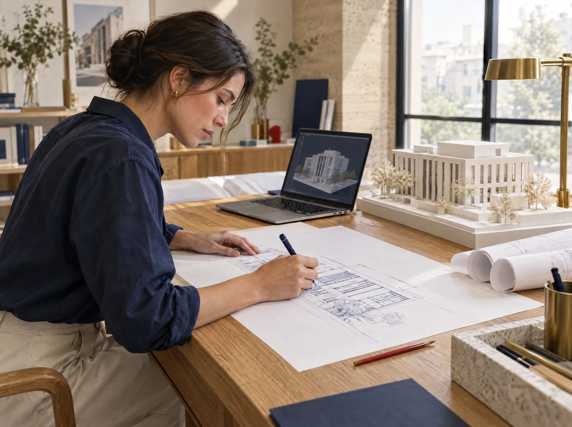 Çizim masasında bir bina cephesi çizen mimar; yanında maket ve dizüstü bilgisayarda 3D model