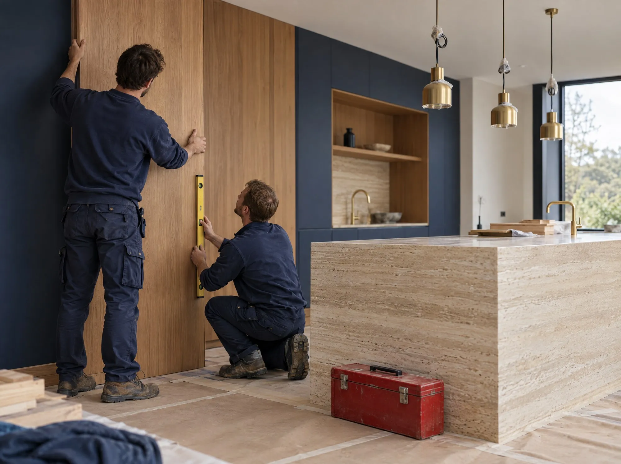Şantiyede meşe duvar panelini yerleştirip su terazisiyle kontrol eden uygulama ekibi